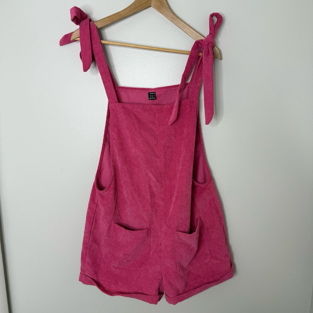 SHEIN Pink Corduroy Tie-Shoulder Mini Romper